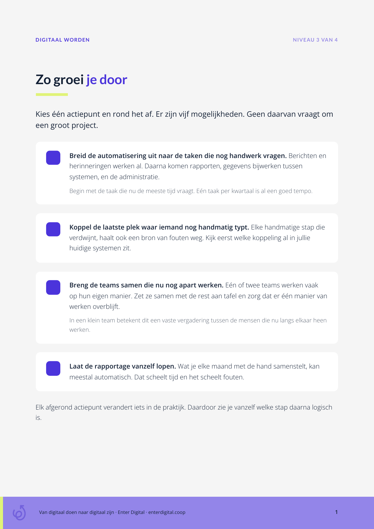 Binnenpagina met de actiepunten van een niveau